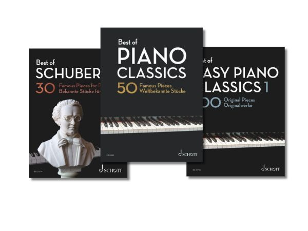 Mehrere schwarze Klaviernotenbände der Reihe „Best of Piano Classics“. Auf den Covern sind eine Klaviertastatur und eine klassische Komponistenbüste zu sehen.