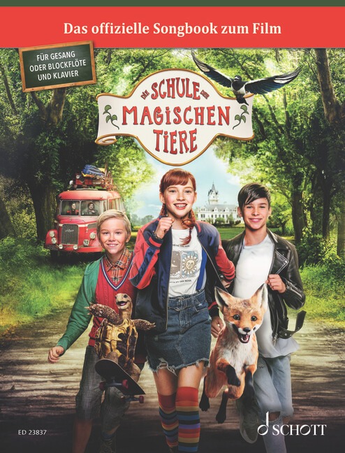 Buchcover des ersten offiziellen Songbooks zum Film „Die Schule der magischen Tiere“ mit Kindern und magischen Tieren.