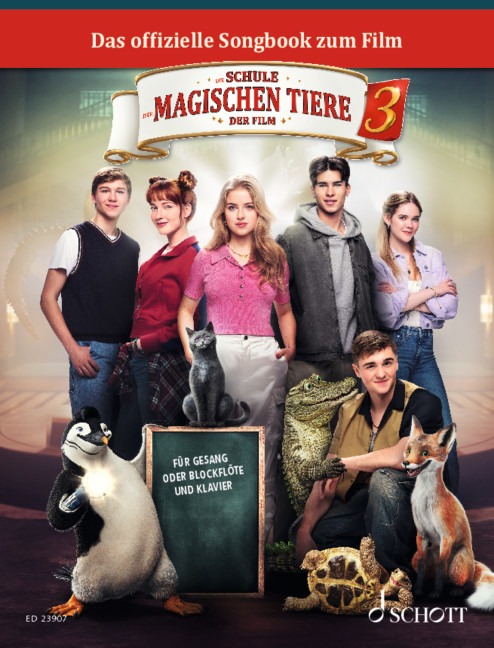 Cover des dritten Songbooks zum Film „Die Schule der magischen Tiere“ mit Hauptfiguren und Tieren wie Fuchs, Pinguin und Krokodil.