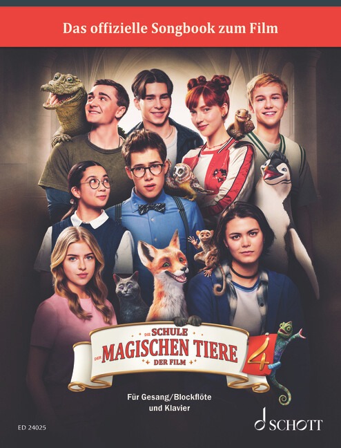 Cover des vierten Songbooks zum Film „Die Schule der magischen Tiere“ mit Jugendlichen und mehreren magischen Tieren.