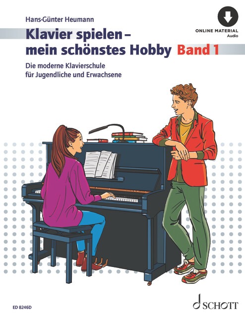 Cover der Klavierschule Klavier spielen – mein schönstes Hobby, Band 1 von Hans-Günter Heumann. Eine Jugendliche sitzt am Klavier, daneben steht ein Erwachsener und hört zu.