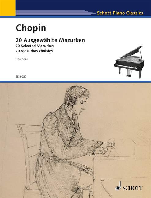 Cover der Notenausgabe 20 Ausgewählte Mazurken von Frédéric Chopin aus der Reihe Schott Piano Classics. Das Cover zeigt eine historische Bleistiftzeichnung eines sitzenden Mannes, der in ein Notizbuch schreibt. Oben links steht der Titel in drei Sprachen, oben rechts ist eine Abbildung eines Flügels zu sehen.