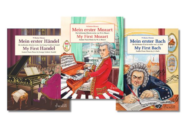 Drei farbig illustrierte Klavierbände aus der Reihe „Mein erster …“ mit Mozart, Bach und Händel. Die Komponisten sind kindgerecht dargestellt, jeweils am Tasteninstrument oder beim Komponieren.