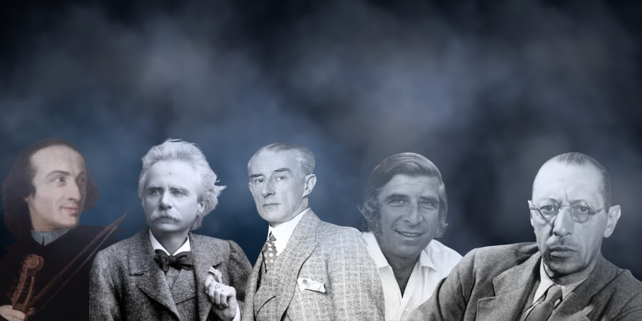 Five composers (Tartini, Grieg, Ravel, Elmer Bernstein, and Stravinsky) are present together in a row along the bottom half of the image, with mist obscuring their faces, all against a dark background.