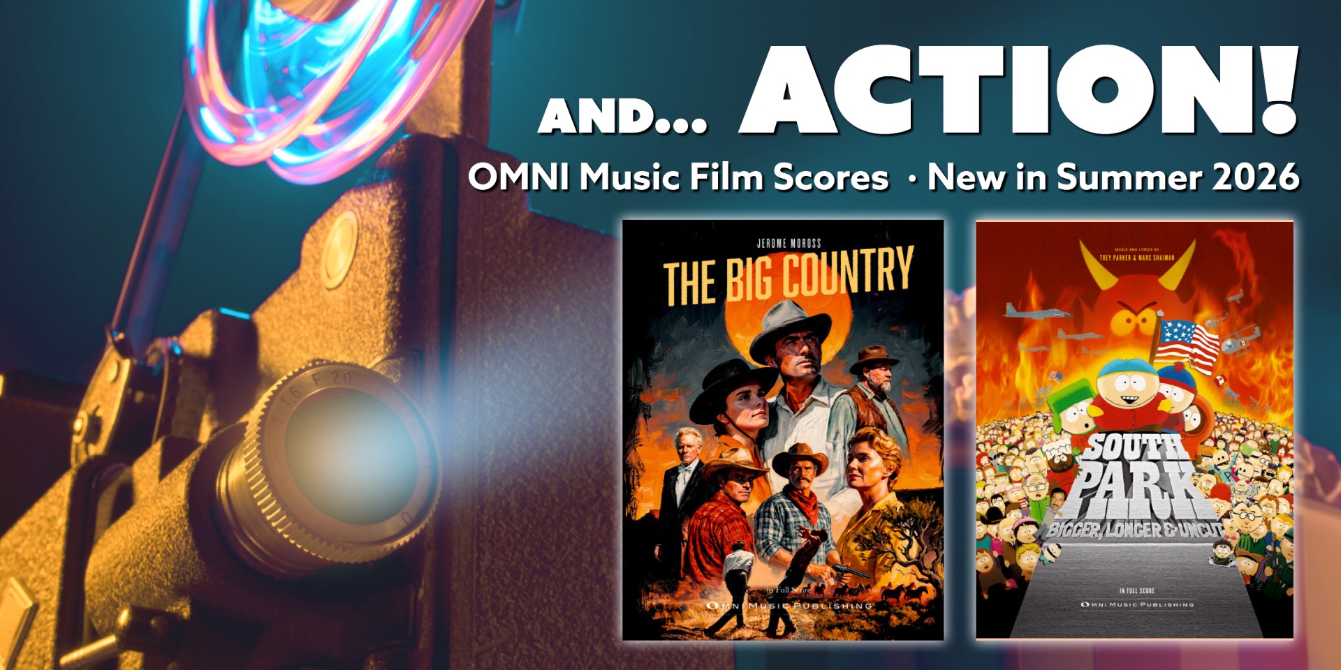 Advertising banner for new OMNI film score sheet music for 2026, featuring a film camera and the cover art for the editions of \