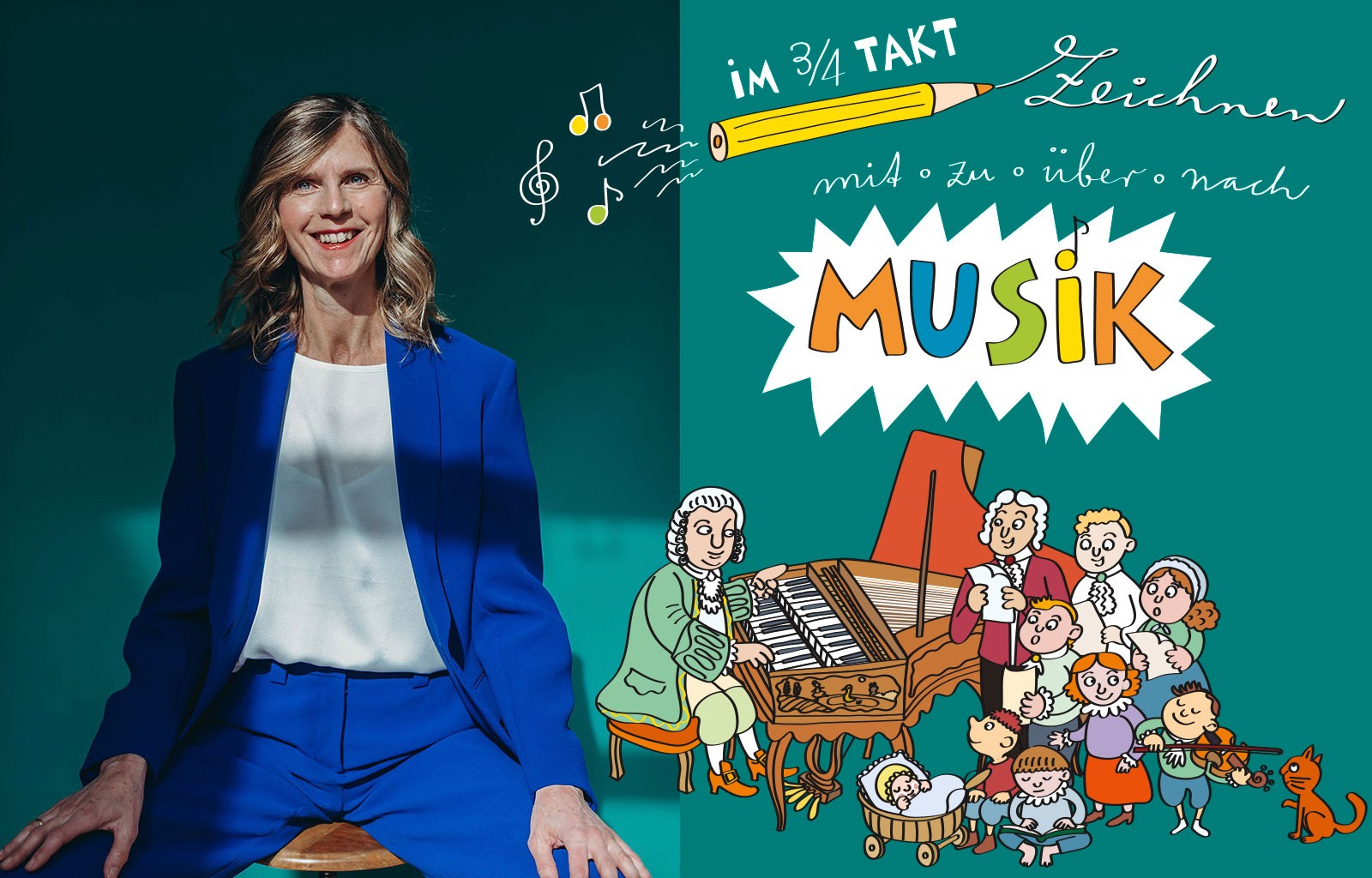Illustratorin Maren Blaschke in blauem Anzug neben einer farbenfrohen Kinderzeichnung mit dem Wort „MUSIK“, barockem Ensemble und Notenmotiven.