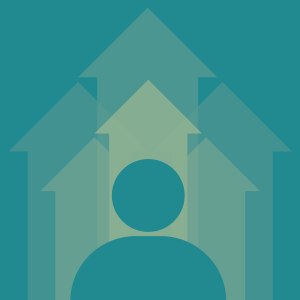 Piktogramm eines Menschen vor sechs nach oben zeigenden Pfeilen verschiedener Größe und Helligkeit vor einem grünen Hintergrund