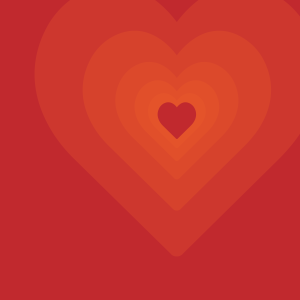 Stilisierte Darstellung eines Roten Herzens inmitten größer werdenen Herzen unterschiedlicher Helligkeit vor einem dunkelroten Hintergrund