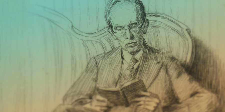 A sketched portrait study of Wilhelm Petersen shows him seated in an antique chair, engrossed in an open book. The pencil drawing emphasizes fine lines and facial details, while a soft color gradient subtly enhances the background.