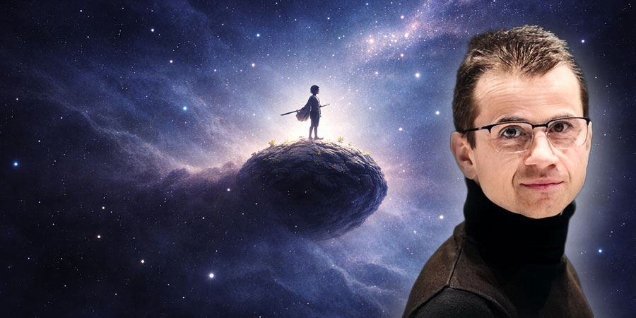 Porträt von Eduard Resatsch mit Brille und dunklem Rollkragenpullover im rechten Bildvordergrund. Der Hintergrund zeigt eine weite kosmische Szenerie mit einer kleinen Silhouette auf einem Asteroiden inmitten einer leuchtenden, blau-violetten Galaxie.