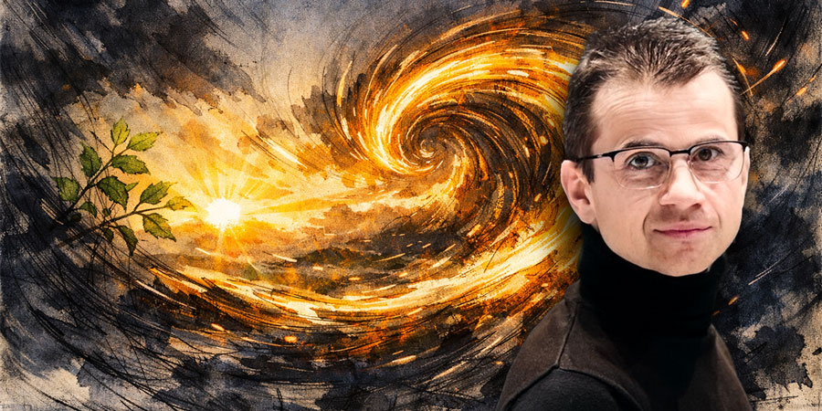 Das Banner zeigt ein Porträt des Komponisten Eduard Resatsch, ein Mann mit dunklem, welligem Haar. Er ist kombiniert mit einer künstlerischen Illustration: Inmitten einer nächtlichen Waldszenerie und abstrakten, dunkelblauen Schatten verläuft ein markante