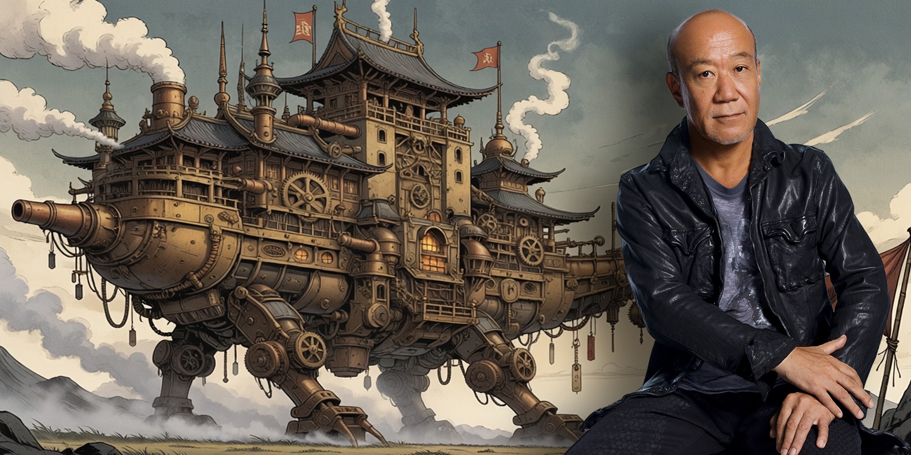 Banner: On the right, Joe Hisaishi in a black leather jacket against a light background. On the left, a detailed drawing of a mechanical fortress on four legs with towers, gears, and smoking chimneys.