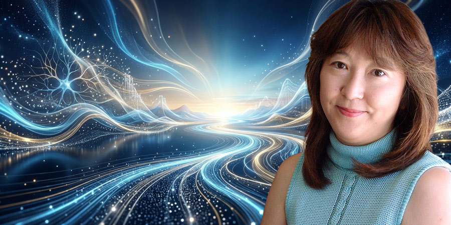 Porträt von Karen Tanaka in der rechten Bildhälfte vor einem abstrakten Hintergrund aus leuchtenden Lichtbahnen, feinen Linien und punktförmigen Strukturen in Blau-, Weiß- und Goldtönen. Die Lichtformen führen zu einem hellen Horizont im Zentrum de\