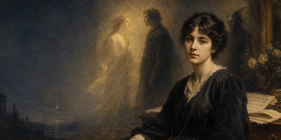 Portrait peint d’une jeune personne (Lili Boulanger) au premier plan. À l’arrière‑plan, une scène onirique avec deux figures se faisant face et une troisième silhouette dans l’ombre, tons dorés et sombres.