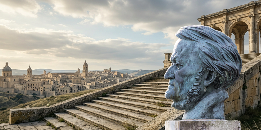 Leere steinerne Freitreppe mit erhöhter Plattform vor einer historischen Stadtsilhouette unter hellem Himmel. Davor in der rechten Bildhälfte das Profil einer Marmor-Büste von Richard Wagner.
