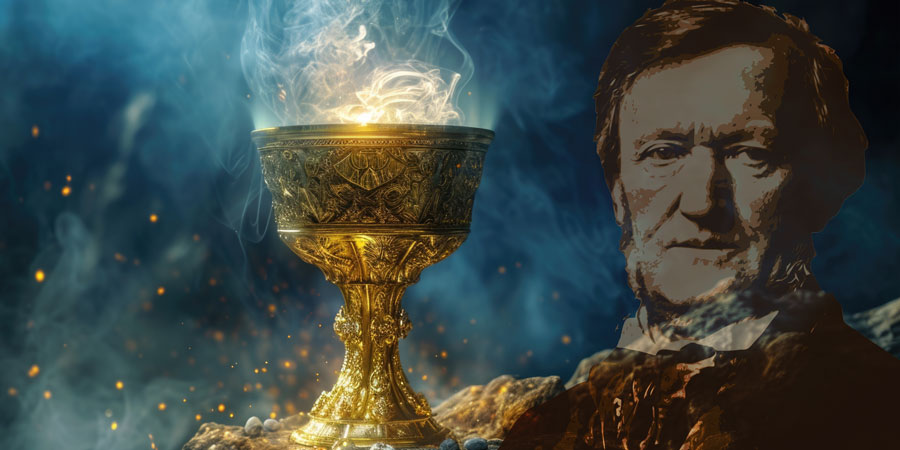 Collage mit einem goldenen, dampfenden Gralspokal im Vordergrund, umgeben von blauem Rauch und Lichtpartikeln. Rechts ein Porträt von Richard Wagner in sepiafarbenem Ton.
