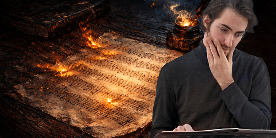 Porträt Yoel Gamzou (dunkles Haar, Bart, schwarzes Hemd) in dramatischer Illustration. Goldene Notenfragmente wirbeln wie Funken durch tiefblaue Schatten. Ein Lichtstrahl durchschneidet die Szene – Sinnbild für Mahlers abgründige Seelenlandschaft.