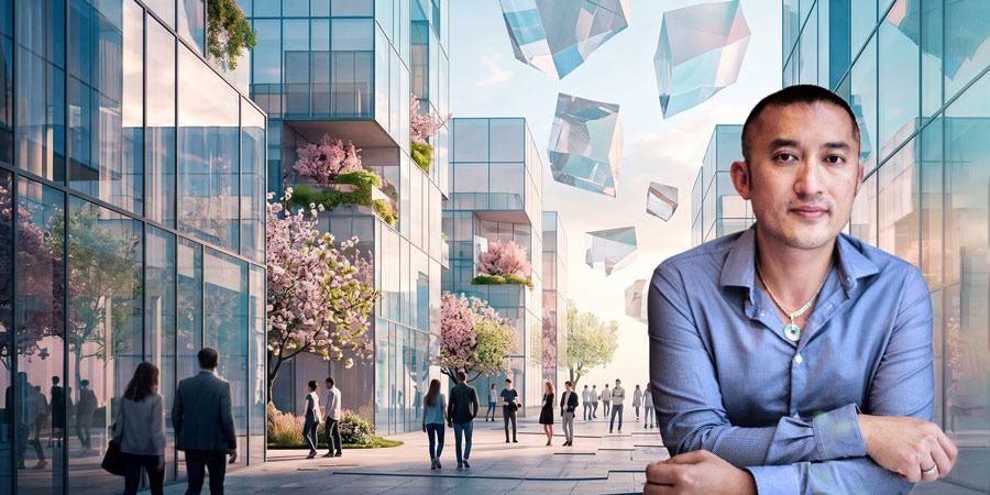 Moderne Glasstadt mit Fußweg; mehrere Personen bewegen sich im Raum. Über dem Weg schweben transparente Baufragmente. Rechts ein halbfiguriges Porträt: Huang Ruo mit blauem Hemd, verschränkten Armen, unscharfem Gesicht.
