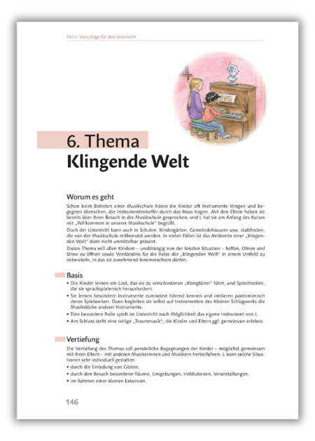 Buchseite „6. Thema Klingende Welt“ mit Beschreibung, Lernzielen und Illustration von zwei Kindern am Klavier.