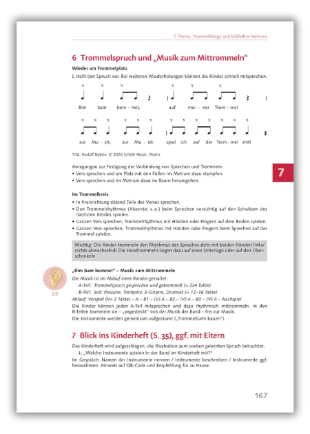 Unterrichtsseite mit Noten, Rhythmusübungen und Anleitungen zum Trommeln und Mitsprechen.