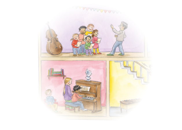 Oben singt eine Kindergruppe mit Leitung, unten spielt ein Kind am Klavier mit Begleitung.
