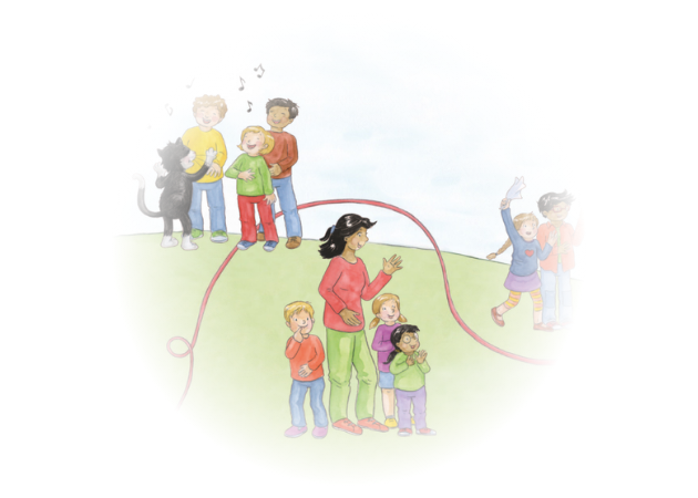 Kinder bewegen sich mit einer roten Schnur in einer Gruppensituation auf einer Wiese.