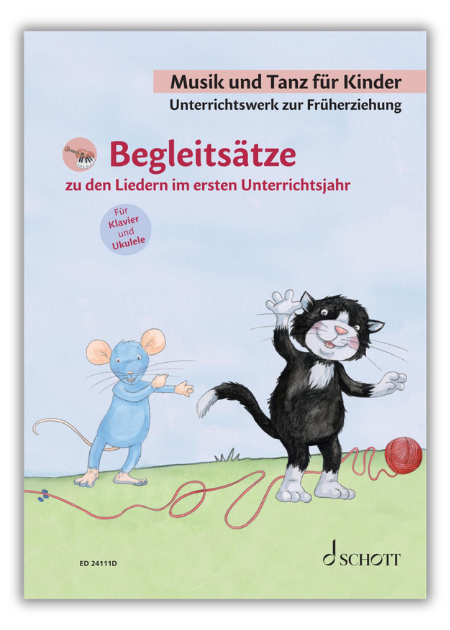 Buchcover „Begleitsätze zu den Liedern im ersten Unterrichtsjahr“ aus „Musik und Tanz für Kinder“ mit Illustration von Katze und Maus neben einem roten Wollfaden.
