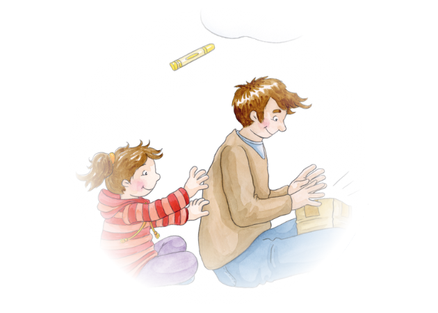 Ein erwachsener Mensch und ein Kind führen ein Klatschspiel mit den Händen durch.