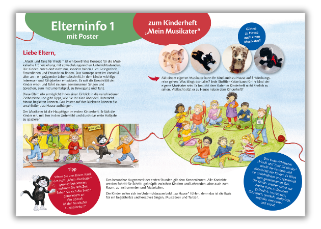 Aufklappbare Broschüre „Elterninfo 1“ zum Kinderheft „Mein Musikater“ mit erklärendem Text für Eltern, Illustrationen von Kindern beim Musikmachen sowie Katze und Maus als Figuren.