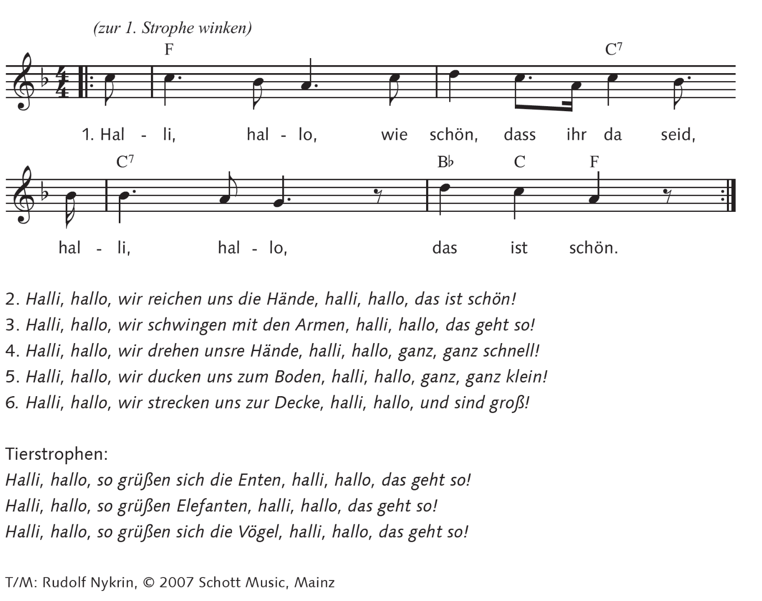 Notenblatt mit Liedtext „Halli, hallo, wie schön, dass ihr da seid“ und Bewegungsstrophen für Kinder.