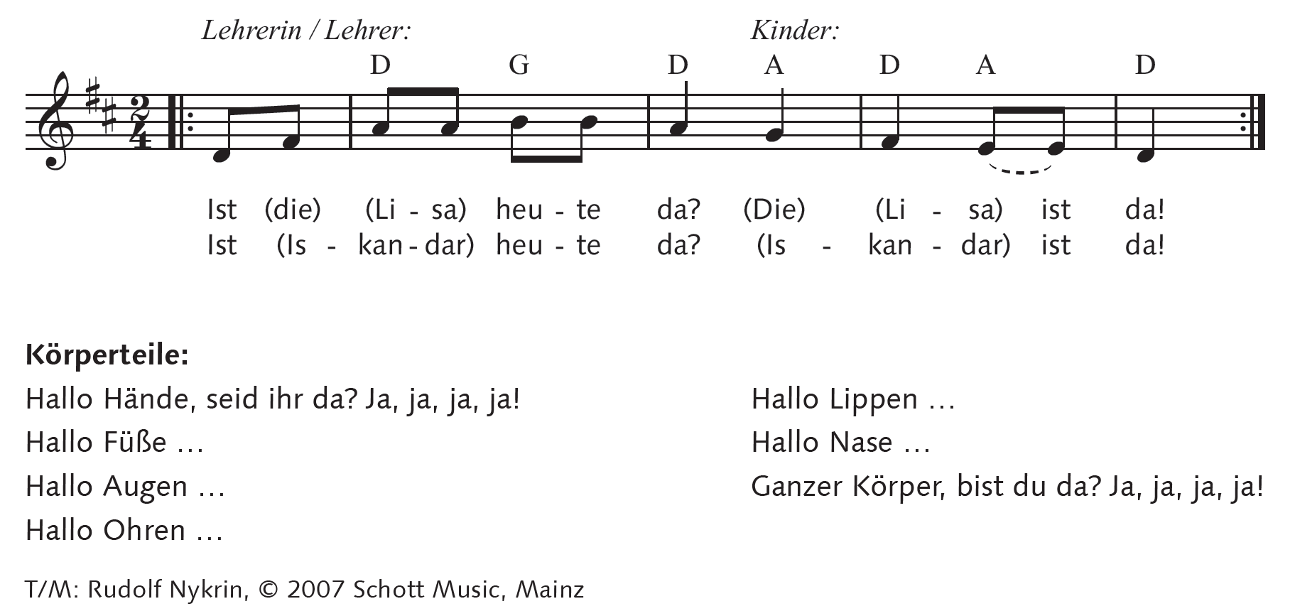  Notenblatt mit Frage-Antwort-Lied „Ist die Lisa heute da?“ für Lehrperson und Kinder sowie Körperteil-Varianten.