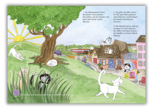 Illustrierte Landschaft mit Katzen, Baum, Häusern und einem Gedichttext zur Tagesroutine von Katzen.