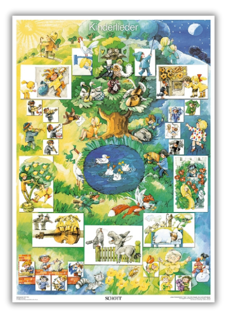 Poster „Kinderlieder“ mit zentralem Baum und Teich, umgeben von zahlreichen kleinen Illustrationen zu Liedern mit Kindern, Tieren und Alltagsszenen in verschiedenen Jahreszeiten.