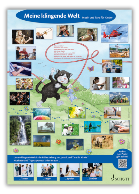 Poster „Meine klingende Welt“ mit vielen Fotos von Klangquellen wie Instrumenten, Stimmen, Natur und Alltag, kombiniert mit einer Illustration von Katze und Maus sowie Fragen zum Hören.