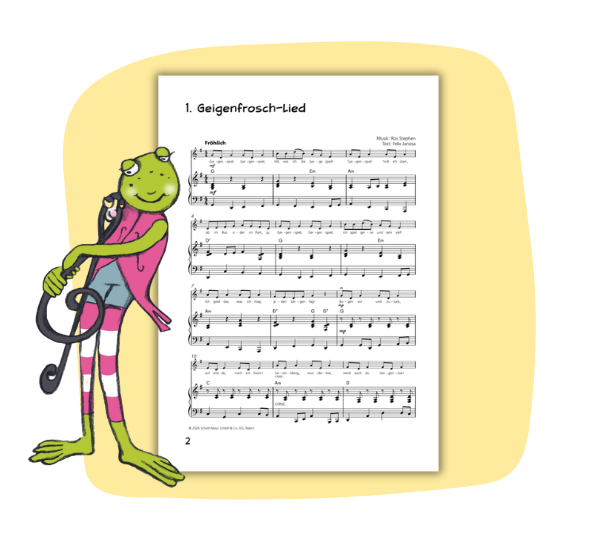 Illustration eines Froschs neben einem Notenblatt.