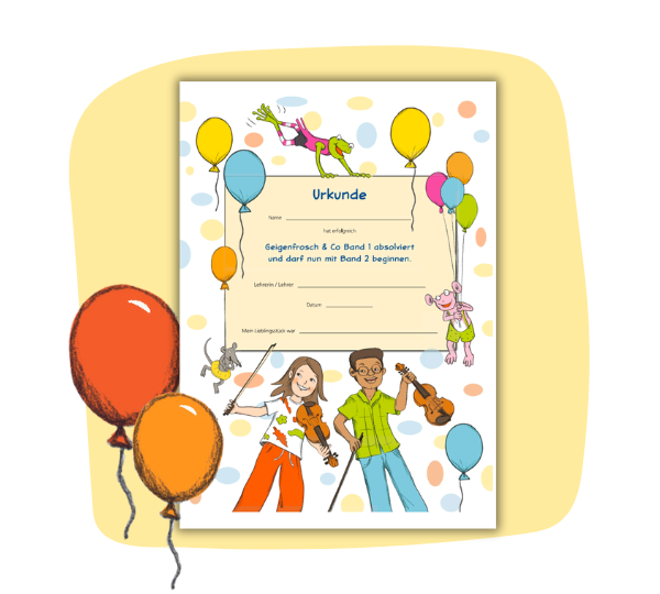 Illustration einer Urkunde für Band 1 mit Luftballons, Kindern und Tieren.
