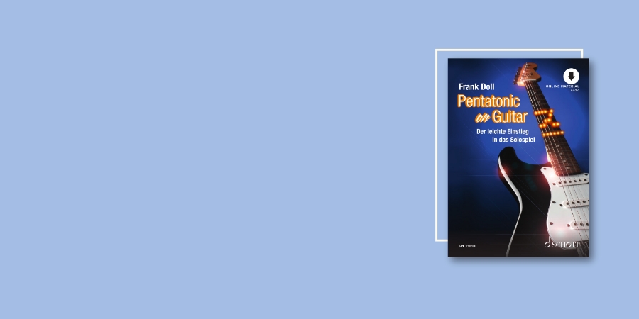 The cover of 'Pentatonic on Guitar' by Frank Doll, featuring an electric guitar with glowing fret markers against a dark background. The book title is in bold yellow and white text, with a subtitle in German: 'Der leichte Einstieg in das Solospiel.' The c