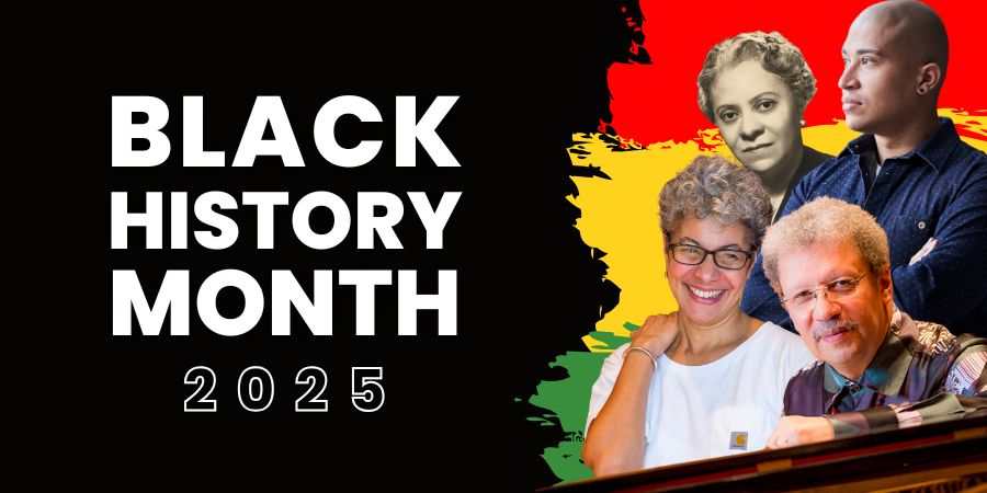 Black History Month 2025 graphic with portraits of Florence Price, Daniel Kidane, Anthony Davis and Dominique Le Gendre in front of a red, yellow, and green background.