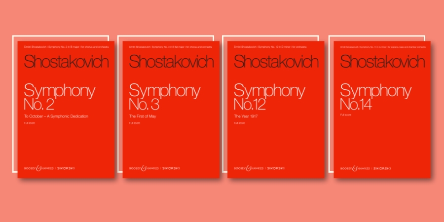 Four red full score covers of Shostakovich symphonies published by Boosey & Hawkes and Sikorski, featuring Symphony No. 2, No. 3, No. 12, and No. 14.