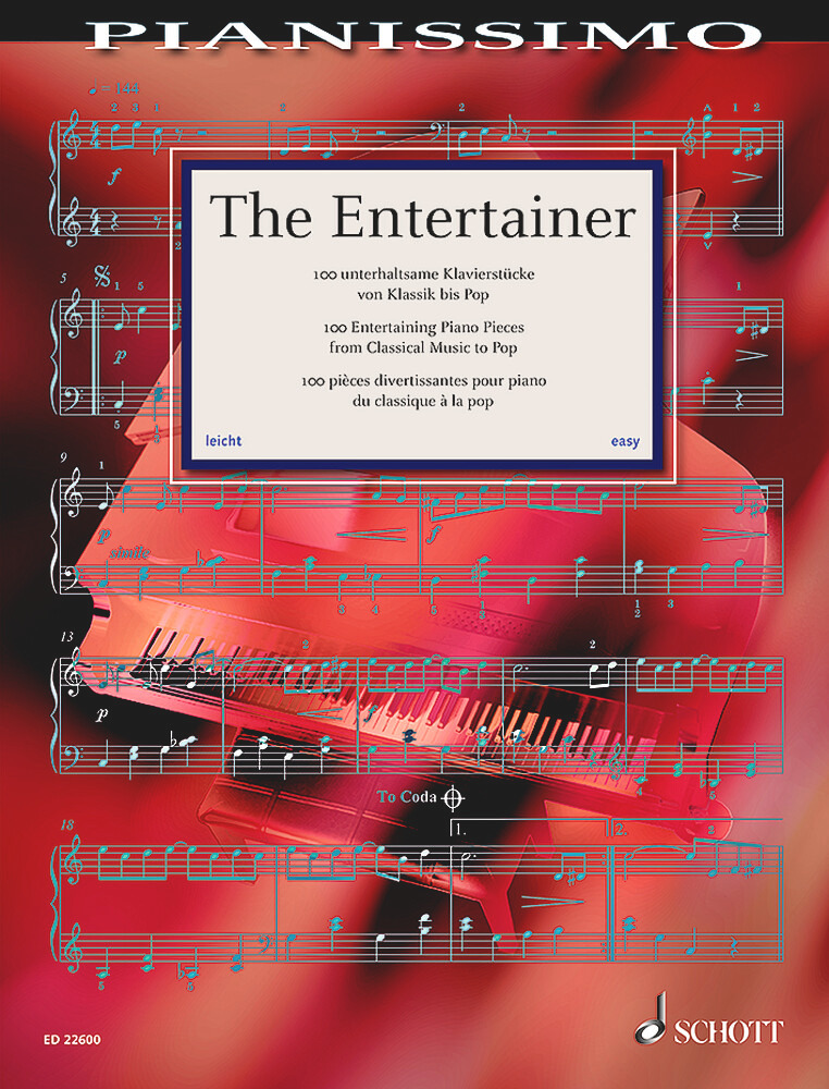 Buchcover der Klavierausgabe The Entertainer aus der Reihe „Pianissimo“. Im Hintergrund ist ein rotes Klavier mit Notenblättern zu sehen.