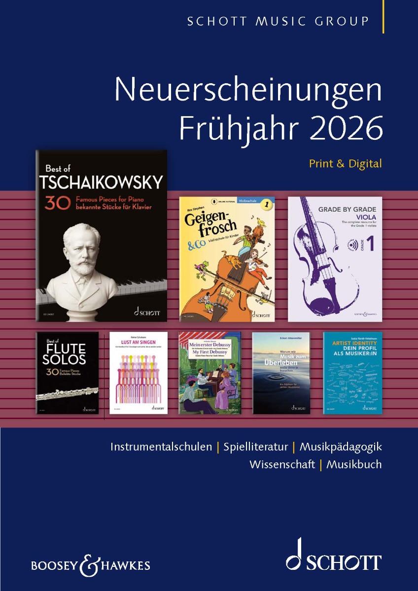Titelbild des Schott-Music-Katalogs Neuerscheinungen Herbst 2025. Zu sehen sind verschiedene Musikpublikationen, darunter Best of Haydn, It’s a Violin Thing und Alles Gitarre! Weihnachtslieder. Der Hintergrund ist dunkelblau mit weißen Schriftzügen und den Logos von Schott und Boosey & Hawkes.