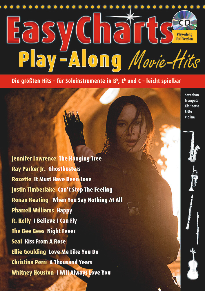 Cover der Notenausgabe Easy Charts Play-Along Movie Hits mit einer brennenden Filmszene im Hintergrund. Aufgelistet sind bekannte Filmtitel und Songs wie The Hanging Tree und Ghostbusters.