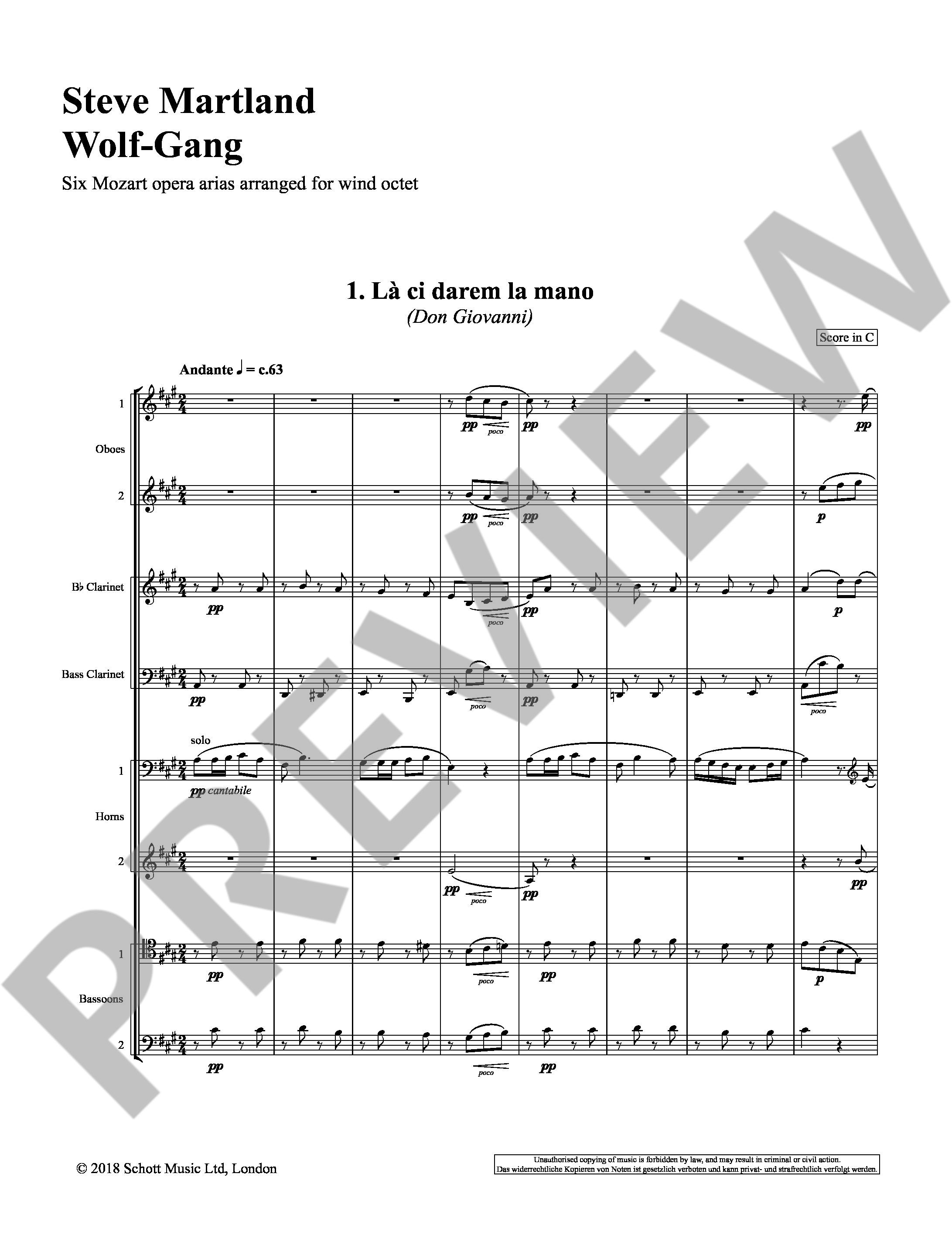 Sample 2 : Martland, Steve : Wolf-Gang, Six Mozart opera arias arranged by Steve Martland - wind octet - Schott