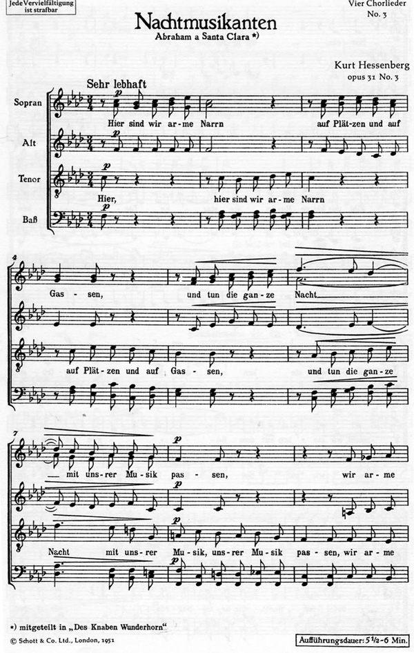 Sample 1 : Hessenberg, Kurt : Vier Chorlieder, 3. Nachtmusikanten - mixed choir (SSATBB) with tenor-solo - Scho
