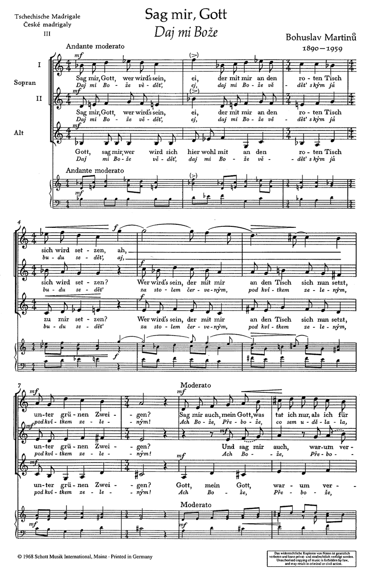 Sample 1 : Martinu, Bohuslav : Tschechische Madrigale · Ceské madrigaly, 3. Sag mir, Gott · Daj mi Bože - f