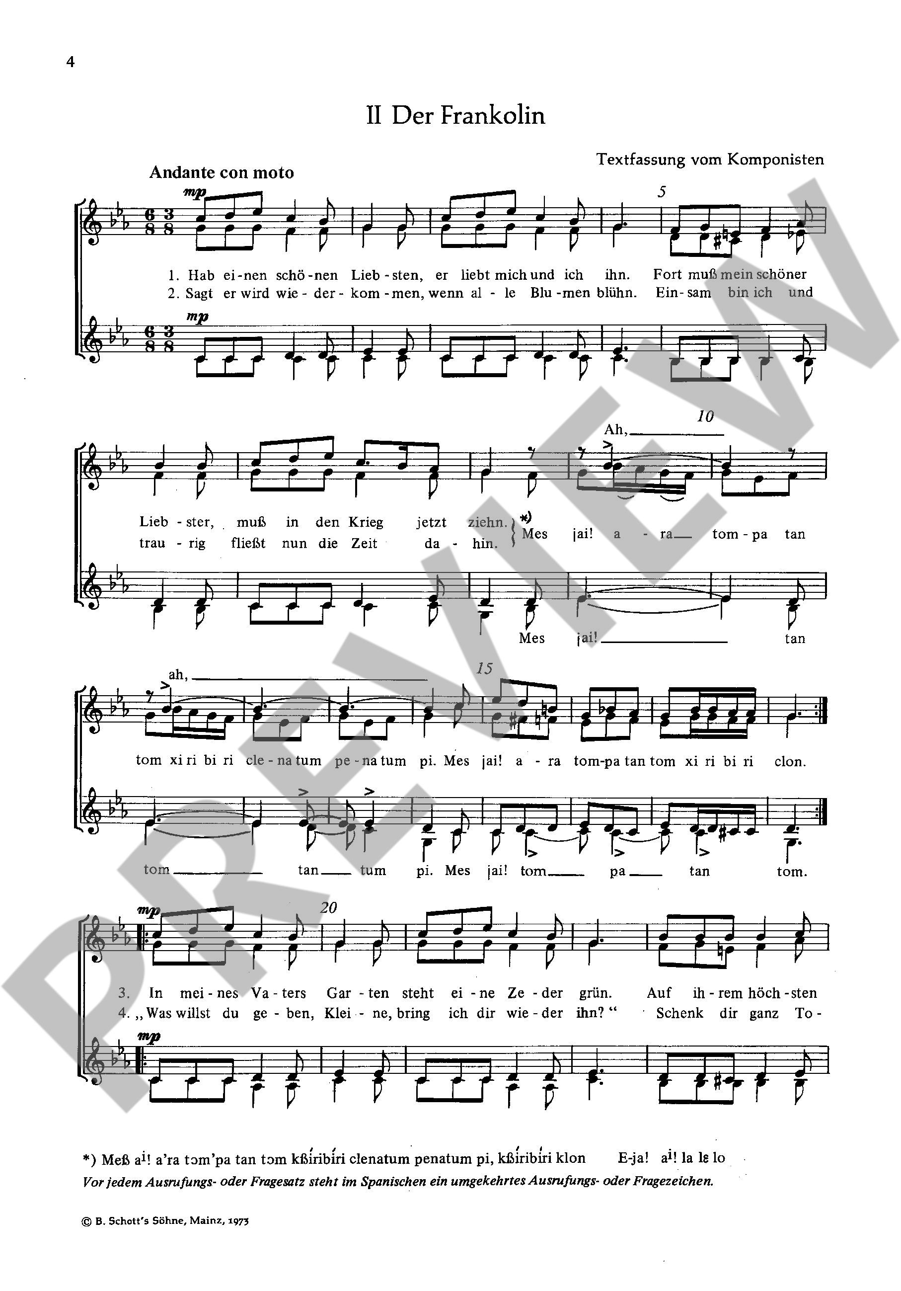 Sample 3 : Poos, Heinrich : Alalá, Liederkreis nach spanischen Volksweisen - female choir (SSAA) - Schott Digi