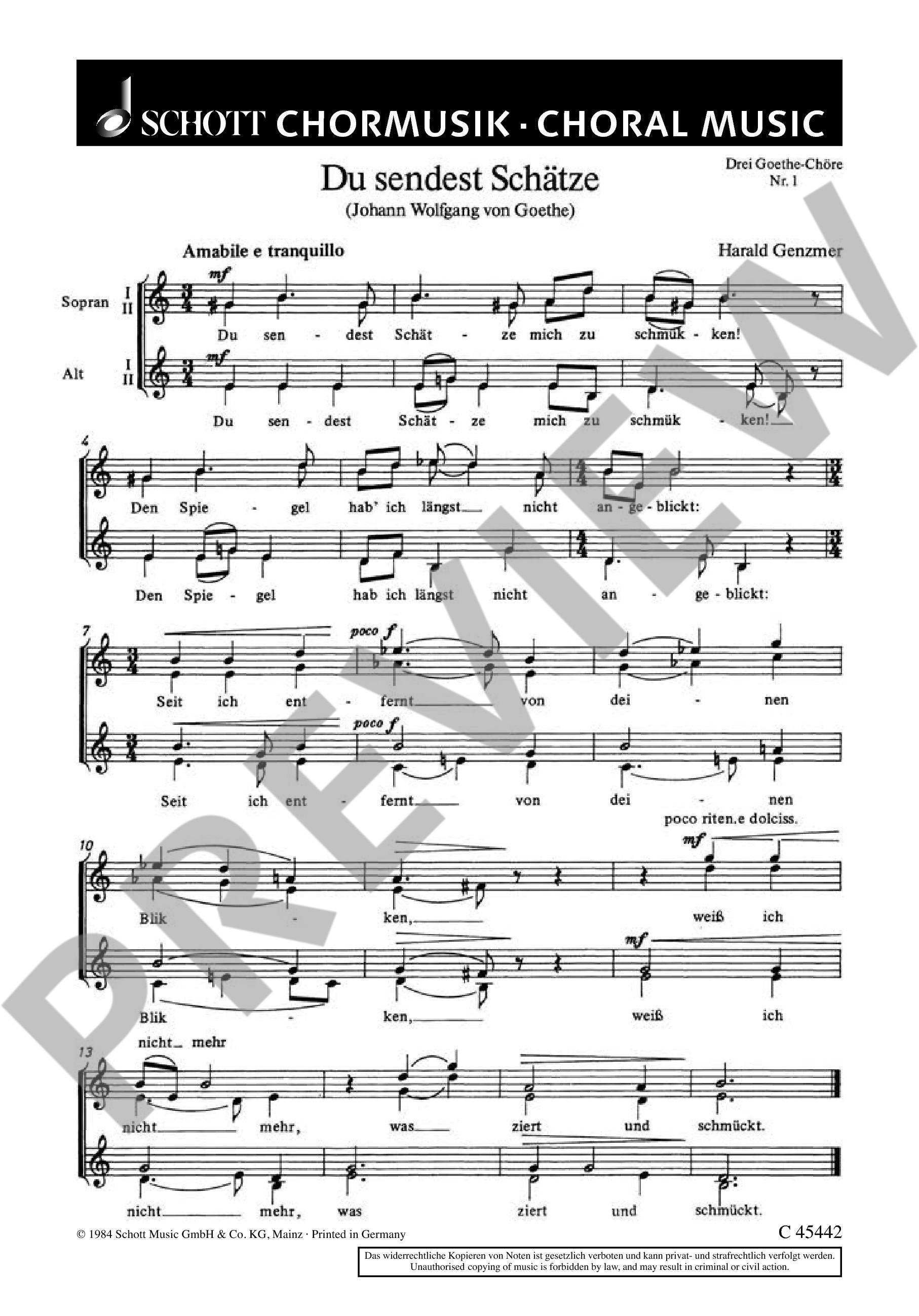 Sample 1 : Genzmer, Harald : Drei Goethe-Chöre, 1. Du sendest Schätze / 2. Du tanzest leicht - female choir (