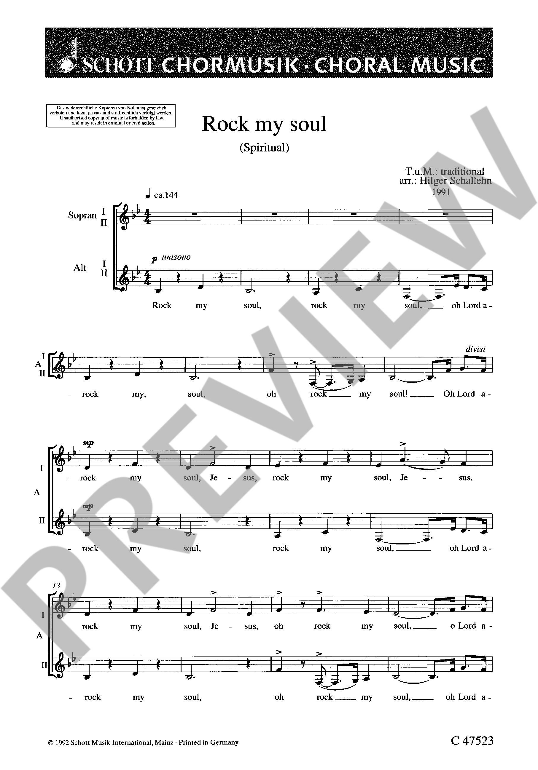 Sample 1 : Schallehn, Hilger : Drei Negro-Spirituals, 3. Rock my Soul - women's choir (SSAA) - Schott Digital