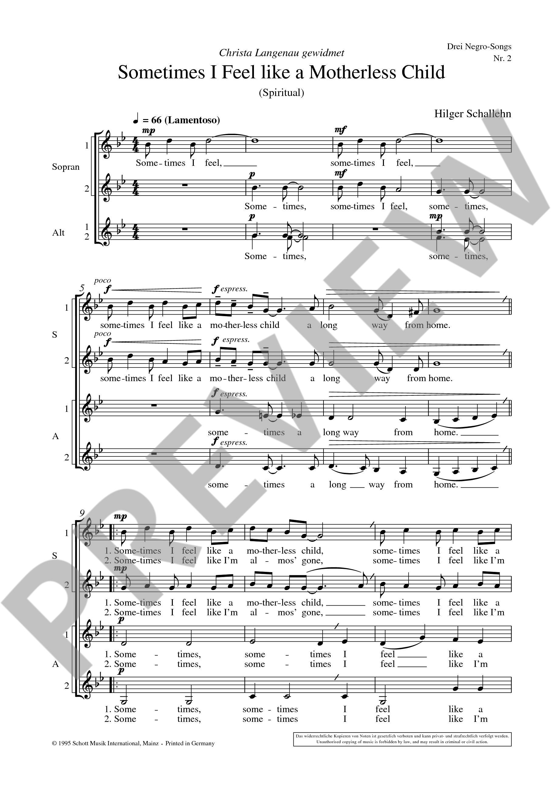 Sample 1 : Schallehn, Hilger : Sometimes I Feel like a Motherless Child (Spiritual),  - female choir (SSAA) - S