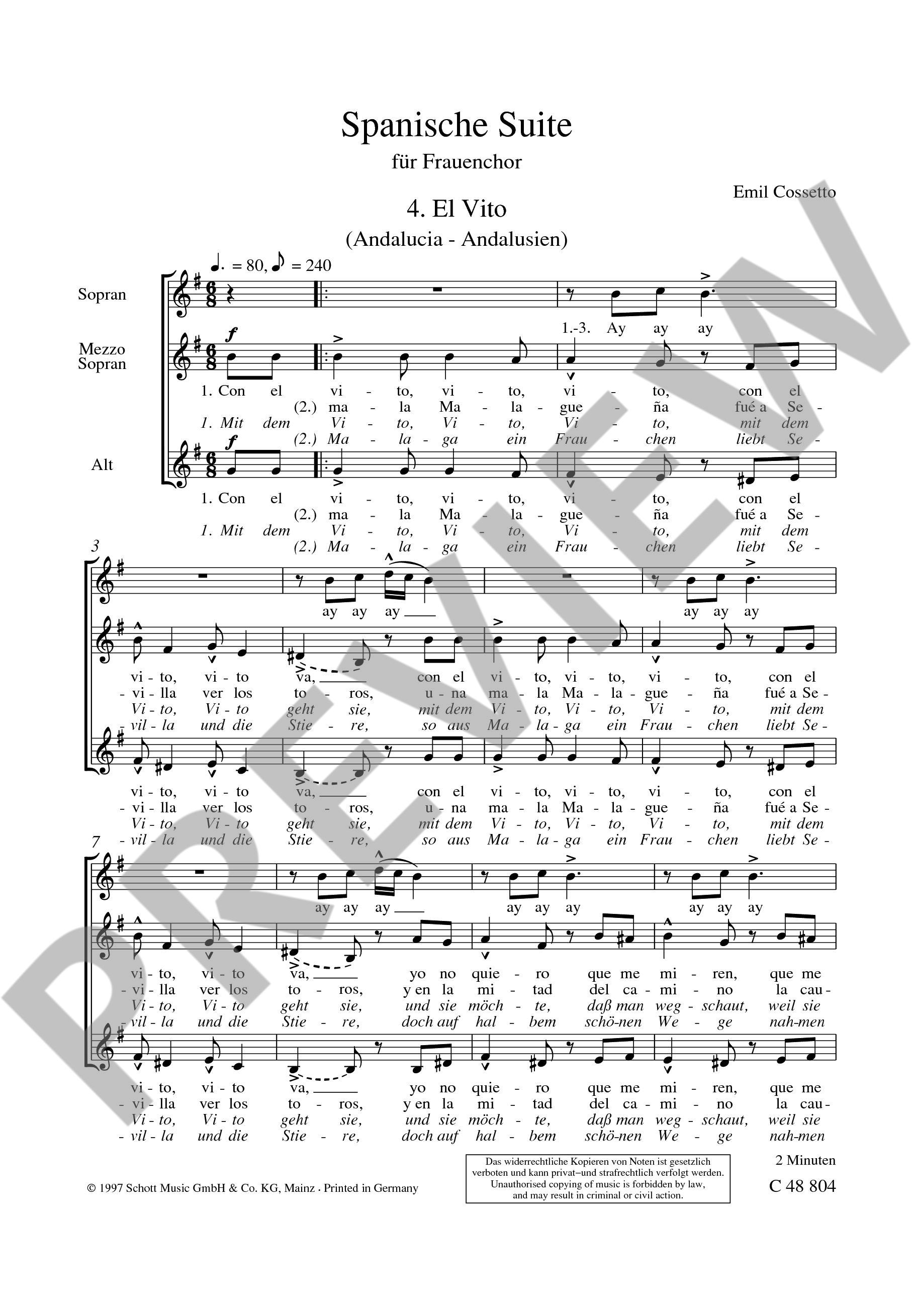 Sample 1 : Cossetto, Emil : Spanische Suite, Nr. 4: El Vito (Andalusien) - female choir (SMezA) - Schott Digita
